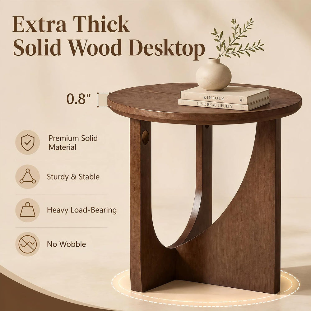 100% Solid Wood Round Side Table, 19.7'' Walnut Brown Small End Table...