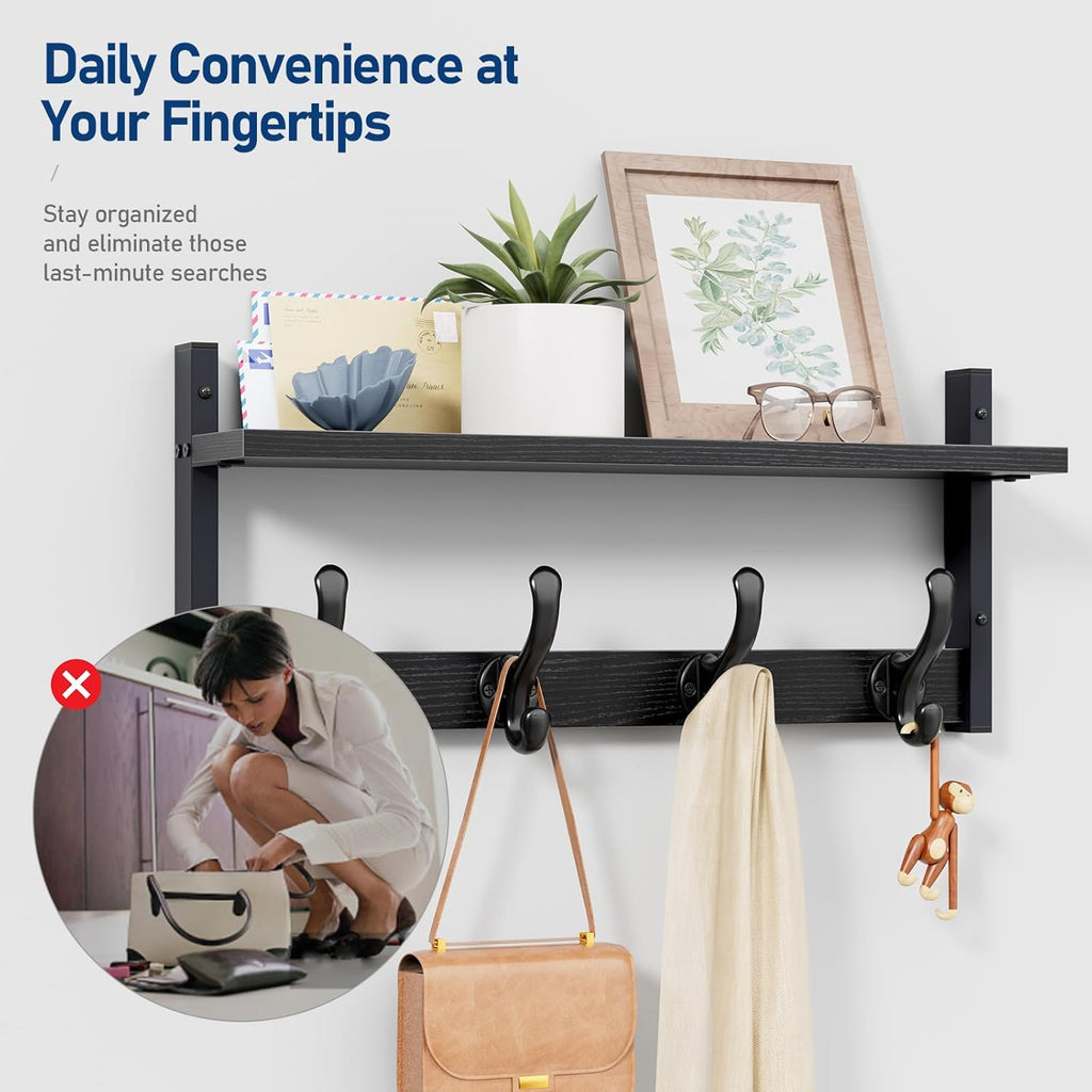 Tatub 20" Rustic Coat Rack Wall Mount with Shelf, Wall Hooks with Shelf, Heavy Duty Entryway Organizer Hangers for Hanging, Hat, Bag, Jacket for Bathroom, Living Room, Bedroom, Black