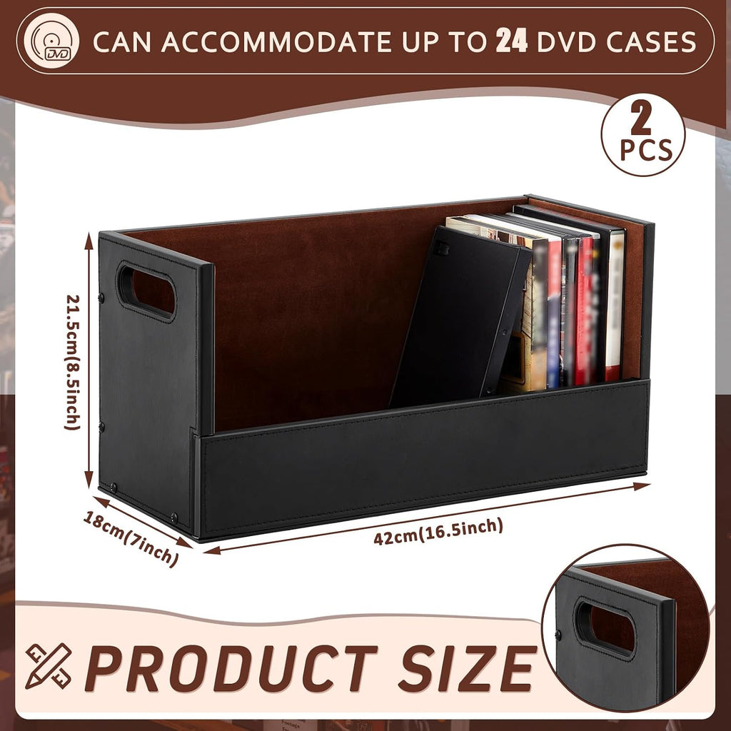 CroBlissful 2 Set Leather Dvd Storage Box Stackability Dvd Storage Shelf Holder Racks Cassette Tape Display Stand with Carrying Handles for Movie Cases Organizer Can Store up to 52 Boxes
