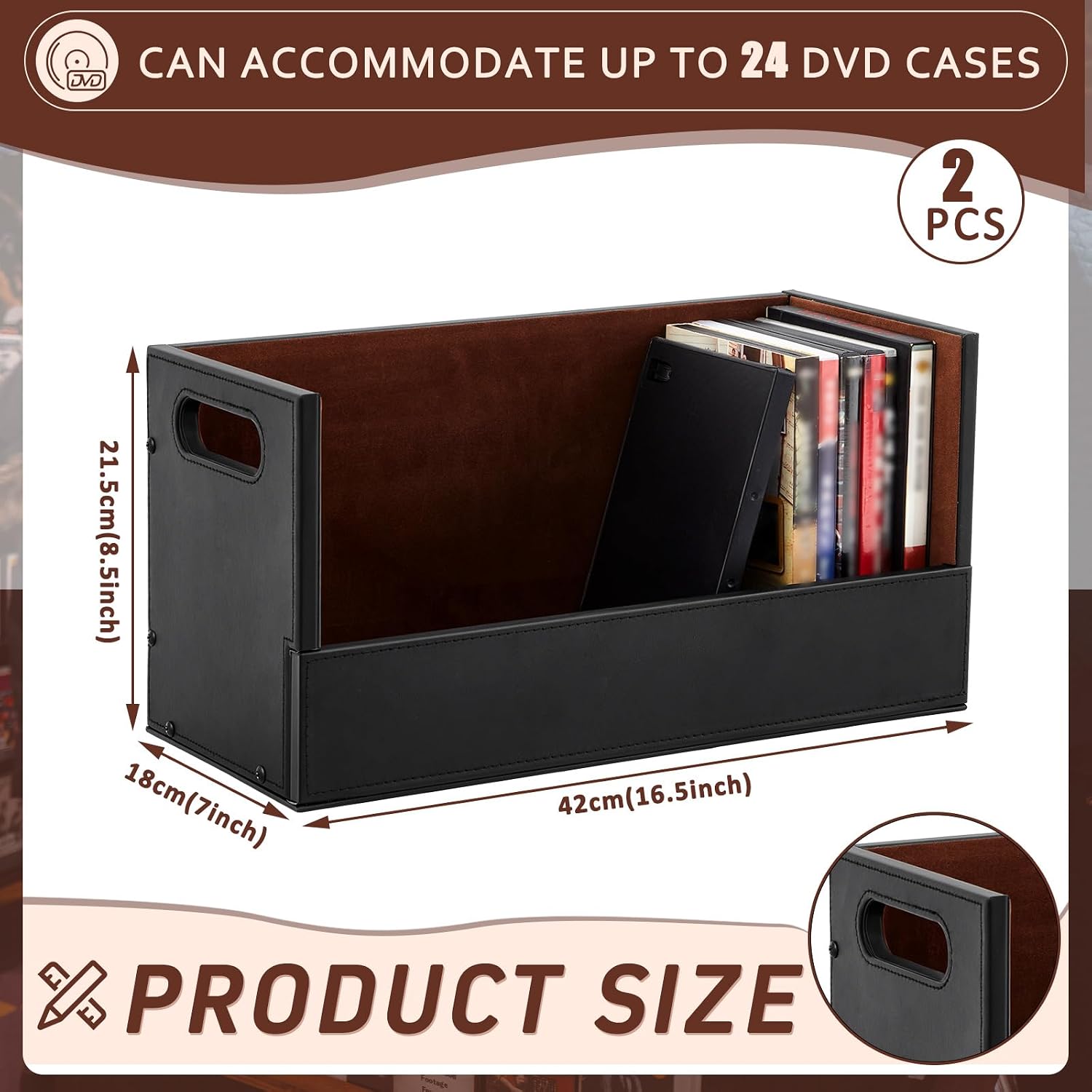 CroBlissful 2 Set Leather Dvd Storage Box Stackability Dvd Storage Shelf Holder Racks Cassette Tape Display Stand with Carrying Handles for Movie Cases Organizer Can Store up to 52 Boxes