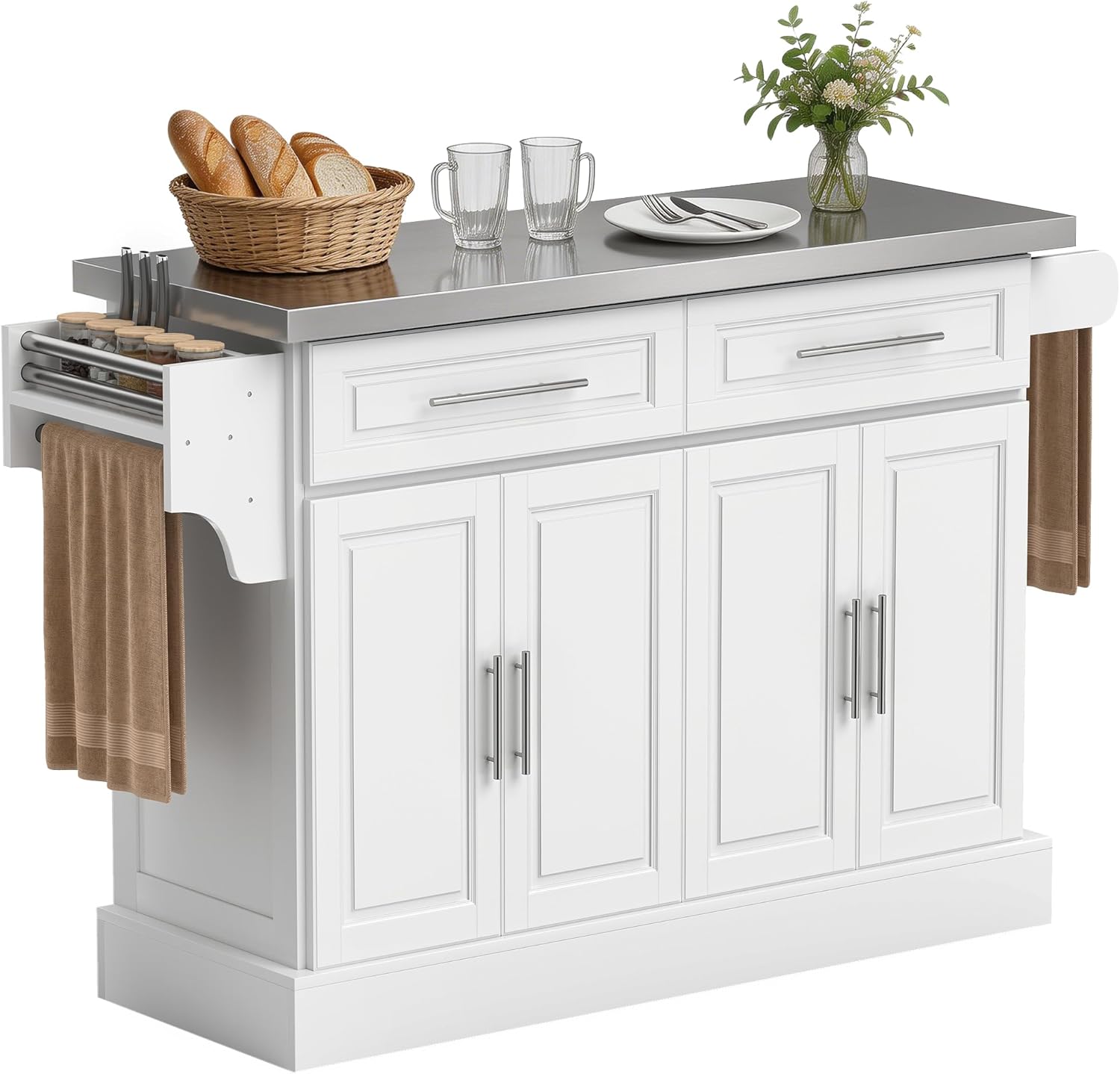 HOMCOM Rolling Kitchen Island Cart with 47" Stainless Steel Top, Portable Island Table for Kitchen with Wheels, Adjustable Shelves, 2 Drawers, Spice, Knife and Towel Rack, White