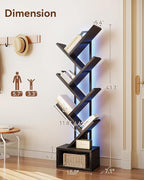 Casaottima 6-Tier Tree Bookshelf — Narrow Floor Standing Bookcase, Tall Steel & Wood Book Organizer Shelf with Cabinet, Home Decor for Living Room/Bedroom/Home Office, Black