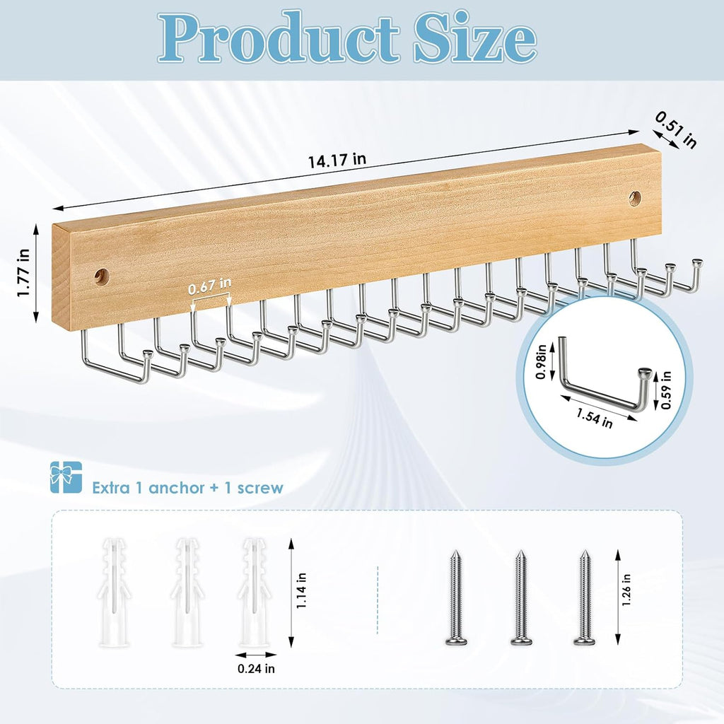 Tie Rack Belt Hanger Wall Mounted, Lomrsiul Non Slip 180 Degree Rotating Tie Organizer for Men Closet with 18 Hooks Closet Organizers and Storage for Tie Belt Necklace Purse Scarf Bag Natural 1 Pack