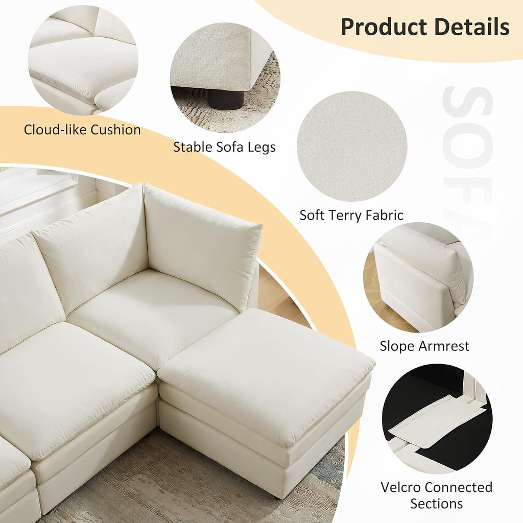 98" Cloud Modular Sectional Sofa Couches with Ottoman, Ivory White | Oversized Modern Sleeper Sofa with Deep Seat Double-Layer Thick Cushion, Convertible Upholstered Sofa Set for Living Room