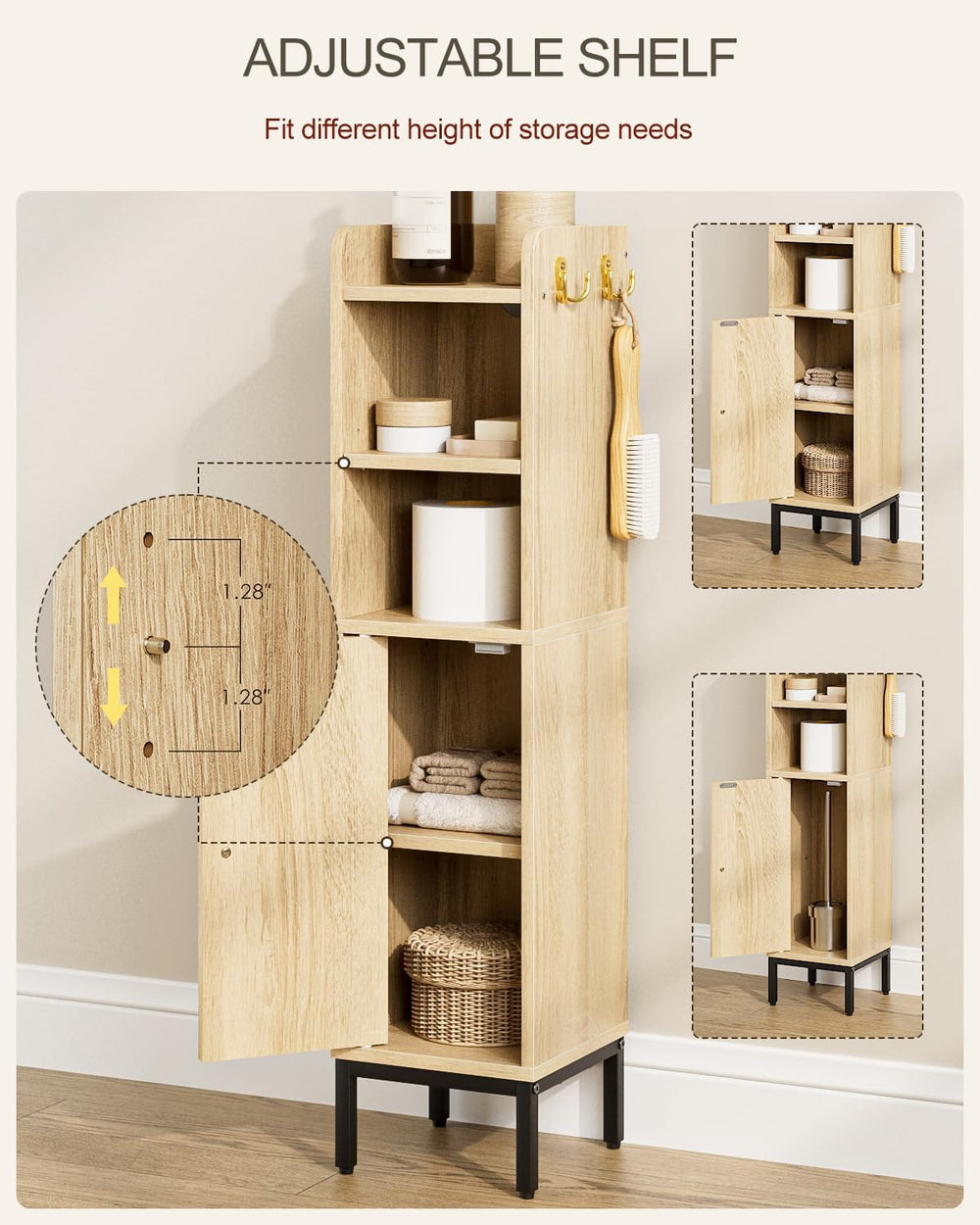 Bathroom Storage Cabinet, Small Corner Floor Hutch with 2Hooks,Narrow Toilet ...