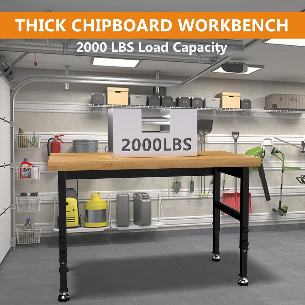 48" Work Bench, Adjustable Height Workbench with Rubber Pad, Heavy-Duty Work Table with Power Outlets, 2000 LBS Capacity Workstation for Garage, Workshop, Office, Home
