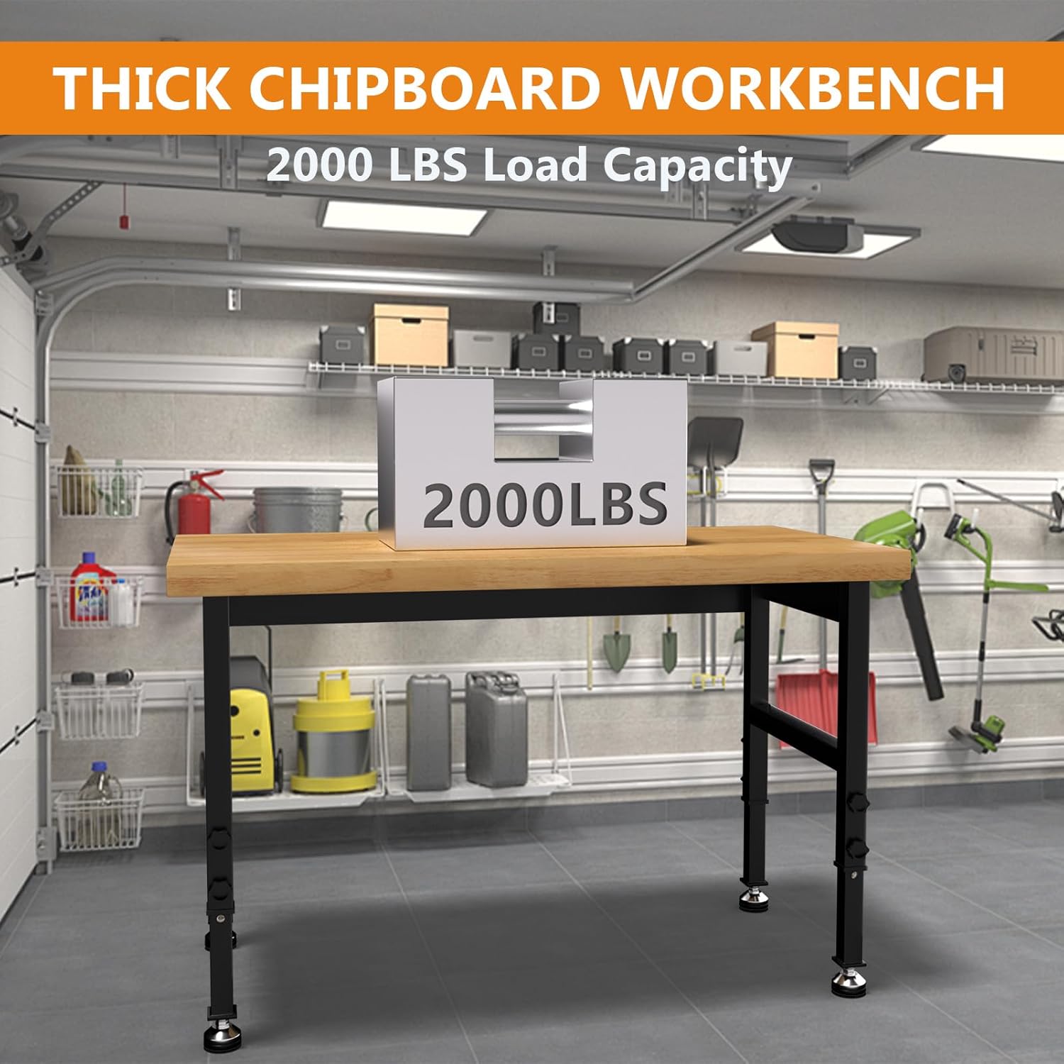 48" Work Bench, Adjustable Height Workbench with Rubber Pad, Heavy-Duty Work Table with Power Outlets, 2000 LBS Capacity Workstation for Garage, Workshop, Office, Home