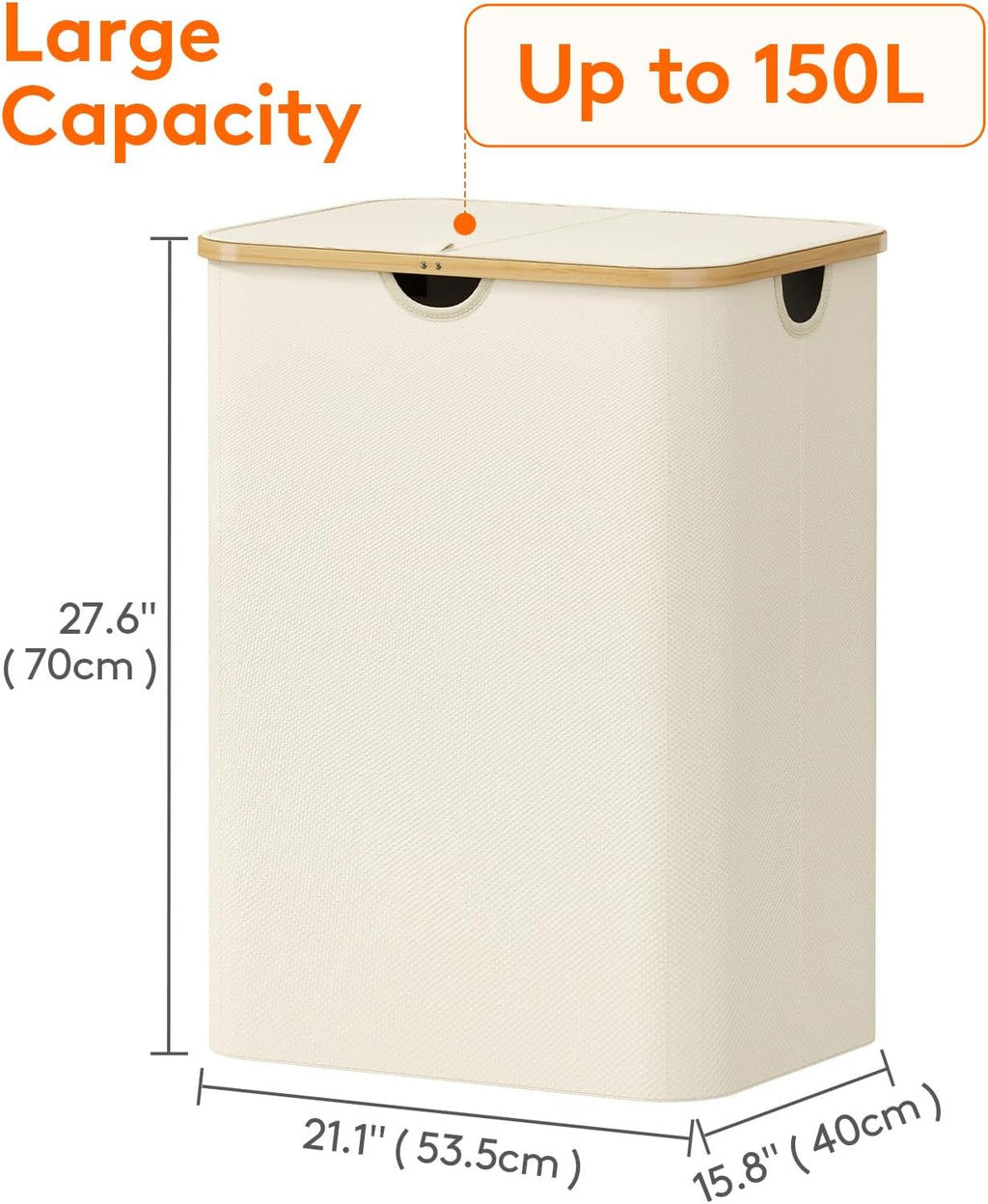 Lifewit 150L Laundry Basket with Lid, Clothes Hampers with Bamboo Handles and A Removable Laundry Bag, Large Foldable Hamper for Bedroom, Bathroom, Dorm, LaundryRoom, White