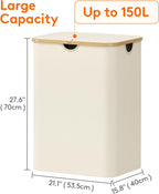 Lifewit 150L Laundry Basket with Lid, Clothes Hampers with Bamboo Handles and A Removable Laundry Bag, Large Foldable Hamper for Bedroom, Bathroom, Dorm, LaundryRoom, White