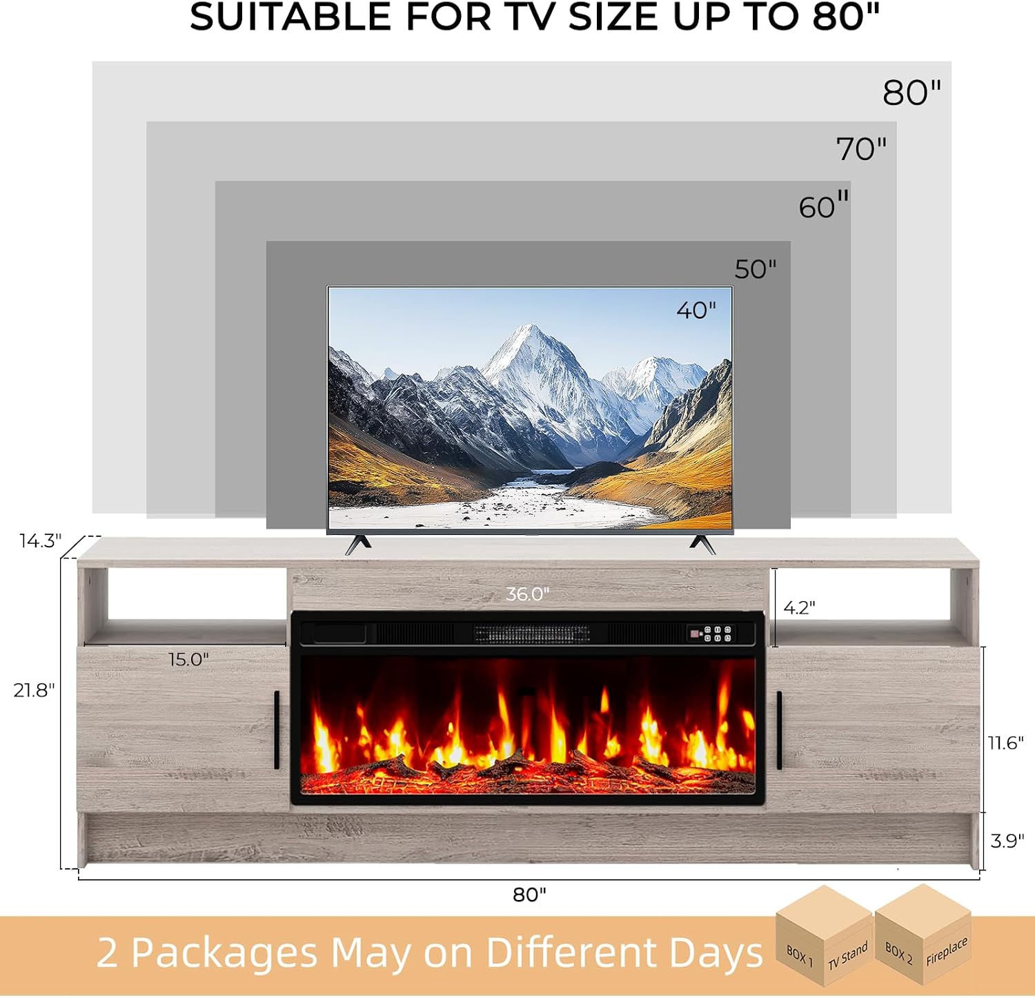 Kucreiheat TV Stand with Fireplace, Led Lights-Entertainment Center for Up to 80 inch TV-Modern TV Console for Living Room with Storage Cabinet, Faux Log Fireplace TV Stand, Oak Grey