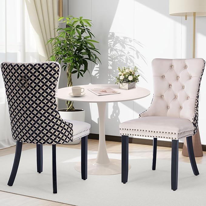 3-Pieces 31.5" Round Dining Table Set for 2, White Dining Table & Velvet Upholstered Dining Chairs Set of 2 for Kitchen Dining Room Apartment Small Space(Quadrangular Star&Beige Chairs)