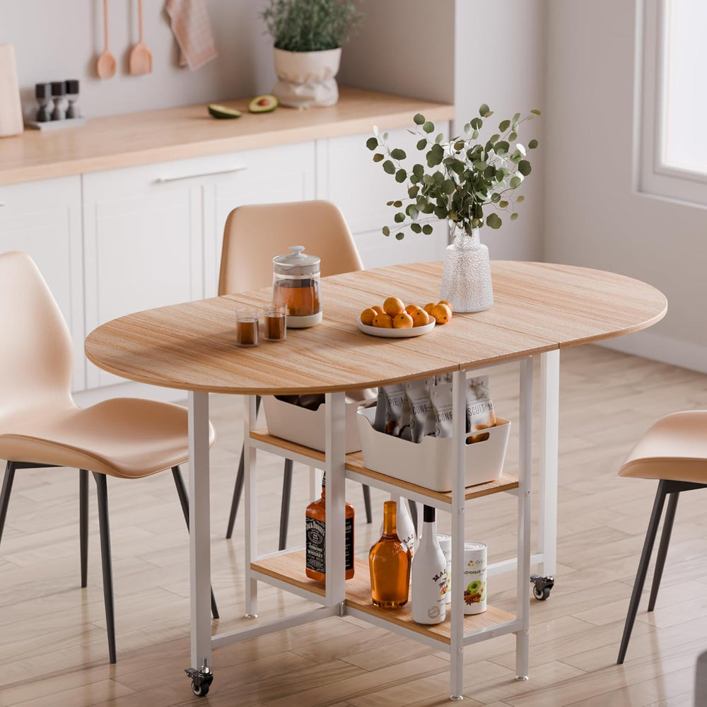 Mondeer Mobile Folding Dining Table, Drop Leaf Table with 2 Open Storage Shel...