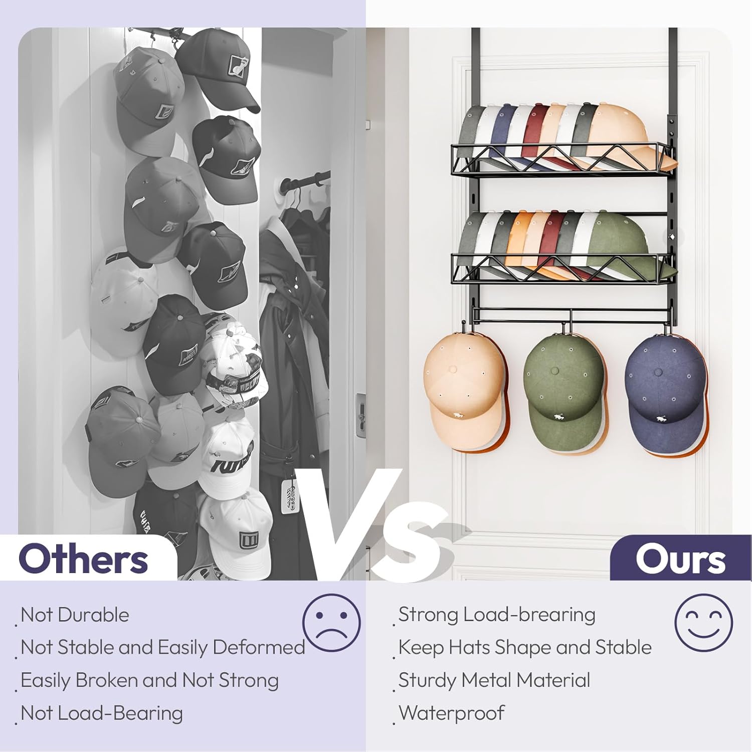 SWTYMIKI Over Door Hat Organizer - 3 Tier Wall Mounted Hat Rack with 2 Adjustable Metal Basket and 3 Hooks, Hanging Baseball Cap Organizer Storage Holds up to 29 Caps for Door, Bedroom, Closet