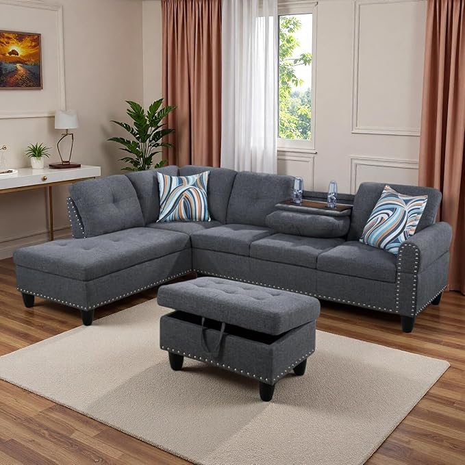 L-Shaped Sectional Sofa with Movable Chaise & Storage Ottoman, Lounge 3-Piece Modular Convertible Couches for Living Room, Apartment & Office, Dark Grey