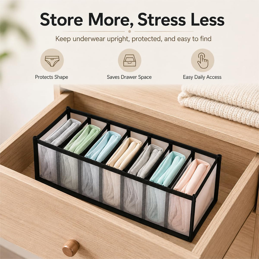 Nylon Drawer Dividers Breathable Mesh Organizers With Reinforced Edges For Lingerie, Socks, Underwear And Travel, 7 Grid