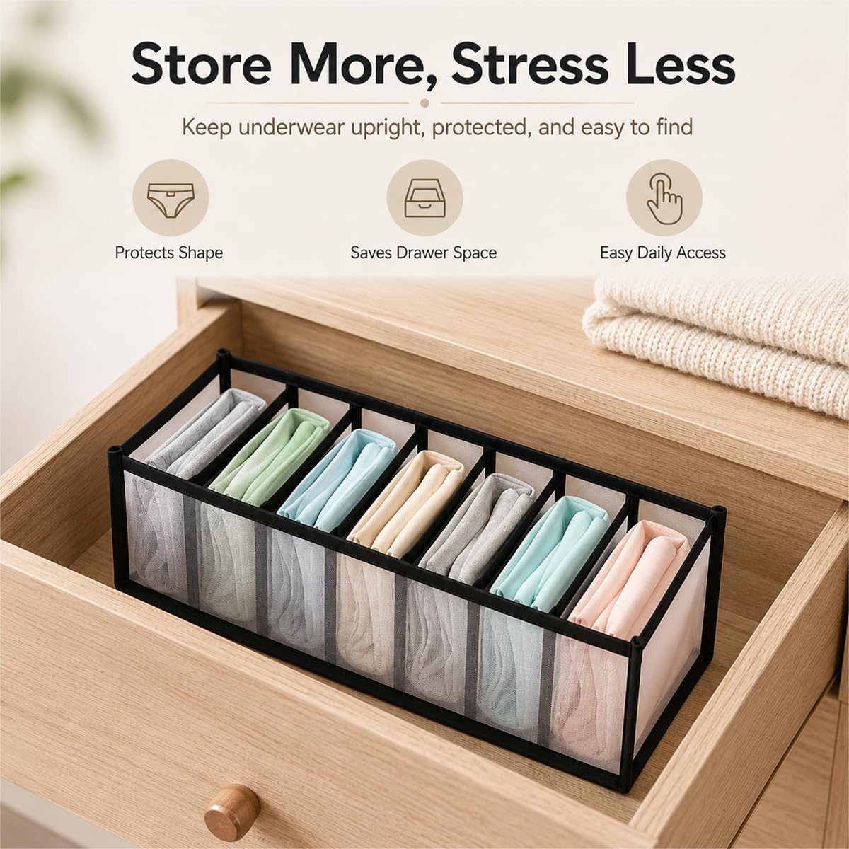 Nylon Drawer Dividers Breathable Mesh Organizers With Reinforced Edges For Lingerie, Socks, Underwear And Travel, 7 Grid