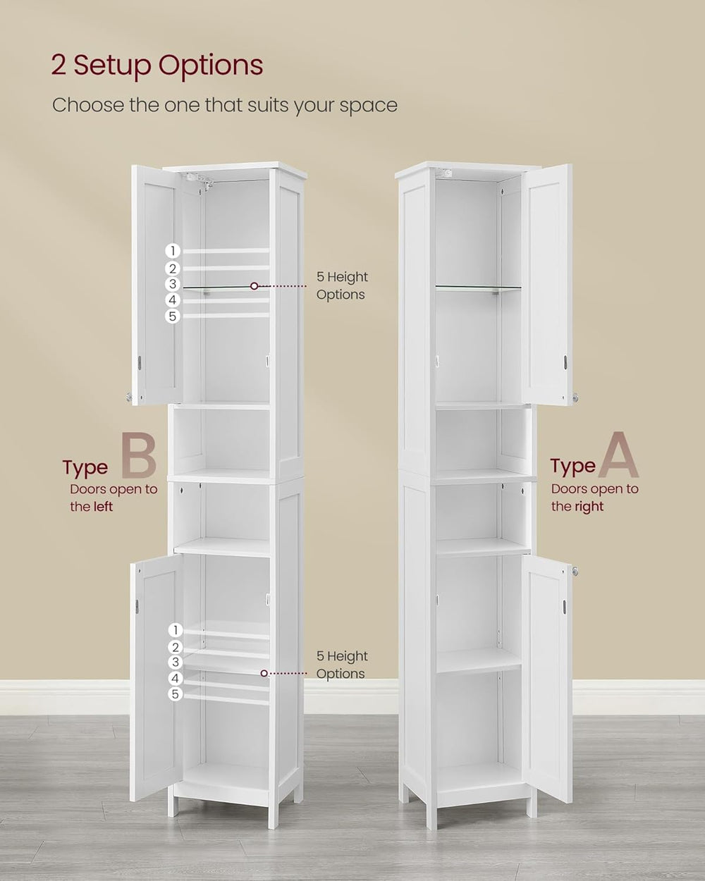 VASAGLE Tall Storage Cabinet with Lights, Slim Freestanding Cabinet with Adju...