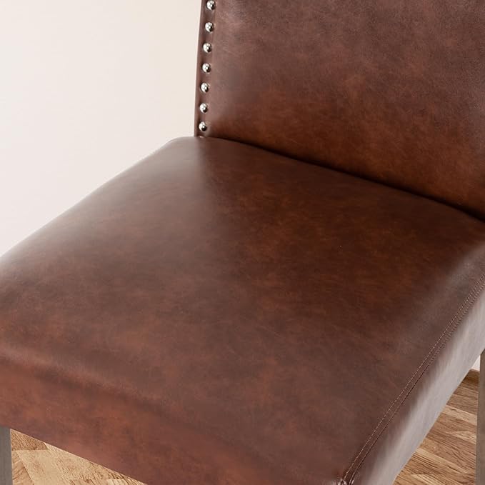 Upholstered Dining Chair Modern Stylish Parsons Kitchen Diner High Back with Silver Nailhead Trim & Wood Legs, Set of 2, PU Leather Dark Brown