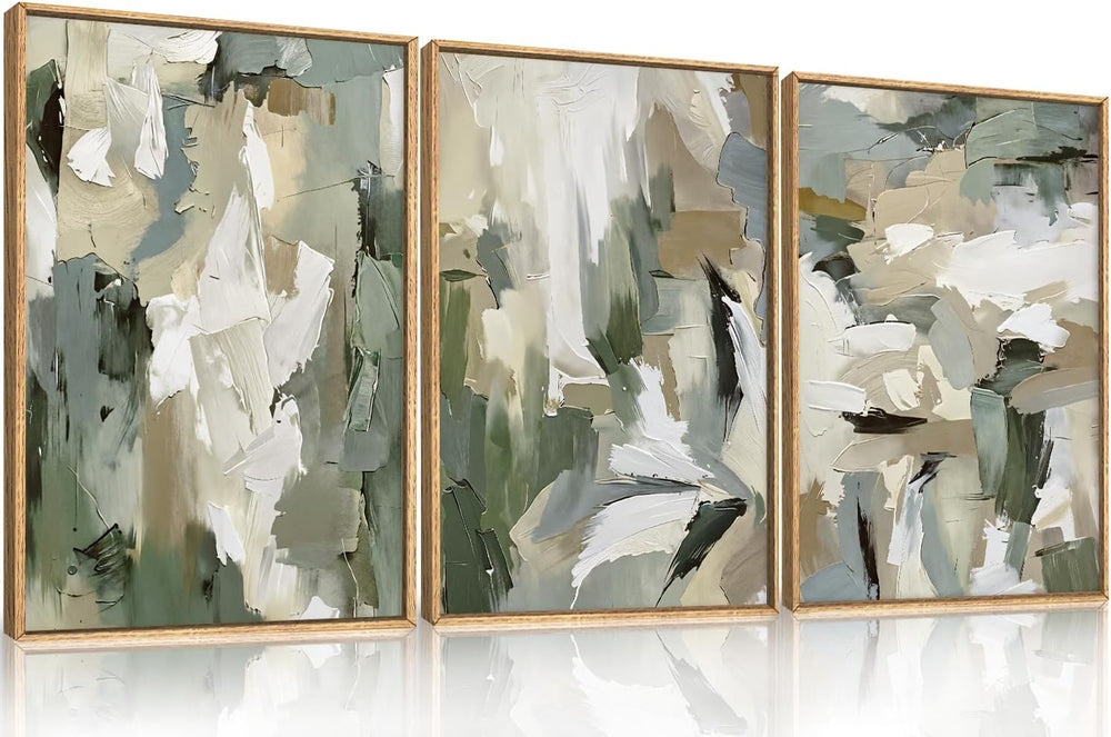 Large Abstract Green Beige Framed Canvas Wall Art Set,Neutral Brush Stroke Wa...