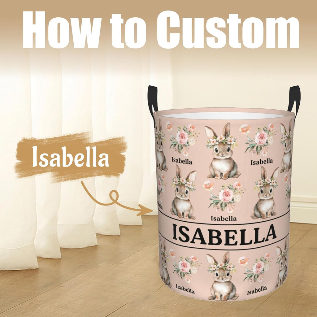 Custom Name Laundry Hamper, Personalized Rabbit Laundry Basket with Name for Boys Girls Kids Men Women, Customized Name Dirty Clothes Basket Gifts for Clothes Toy Bathroom Bedroom Laundry Room Dorm