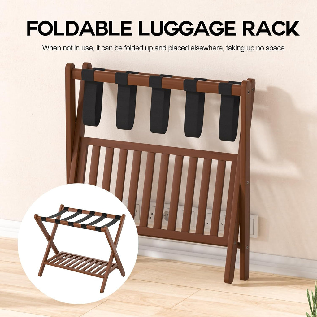 Luggage Racks Suitcase Stand Foldable With Storage Shelf For Guest Room Hotel Essentials Solid Bamboo Heavy-Duty Item Holder Chestnut Brown