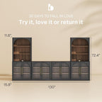 BELLEZE 6-Piece Modular TV Stand Set - 4 Arched Glass Door Entertainment Center & 2 Hutch Storage Units, Classic Modern Large Media Console with Adjustable Shelves for Living Room Family Room, Ebony