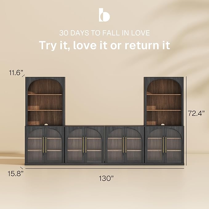 BELLEZE 6-Piece Modular TV Stand Set - 4 Arched Glass Door Entertainment Center & 2 Hutch Storage Units, Classic Modern Large Media Console with Adjustable Shelves for Living Room Family Room, Ebony