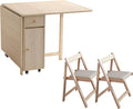 Wood Drop Leaf Folding Dining Table with 2 Drawers and 4 Wheels, Wood Padded Folding Chairs Set of 2, Space Saving Dining Table with 2 Chairs
