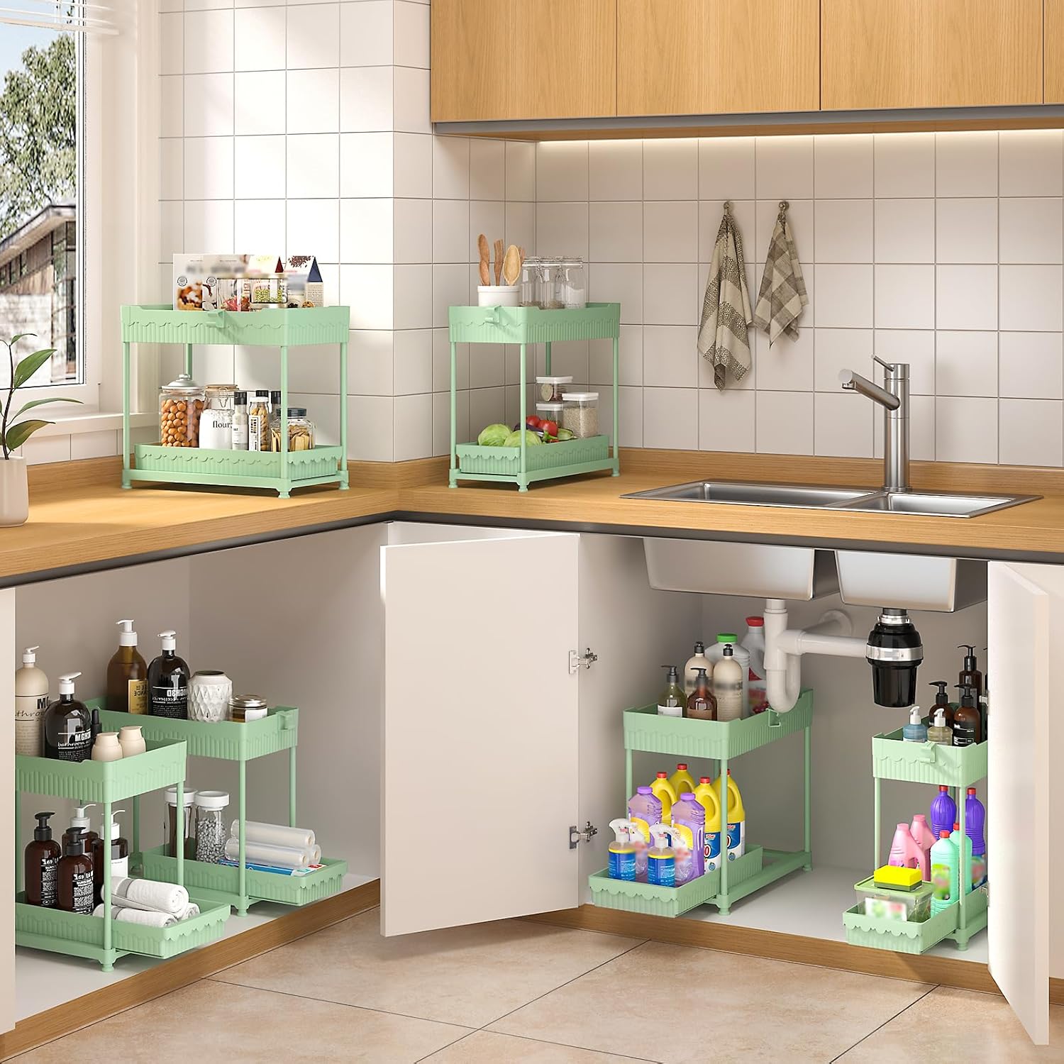 3 Pack Under Sink Organizers, 2-Tier Multi-Use Kitchen and Bathroom Organizers and Storage with Sliding Drawers，Bathroom Cabinet Organizer (Green, 12.8 Inch)