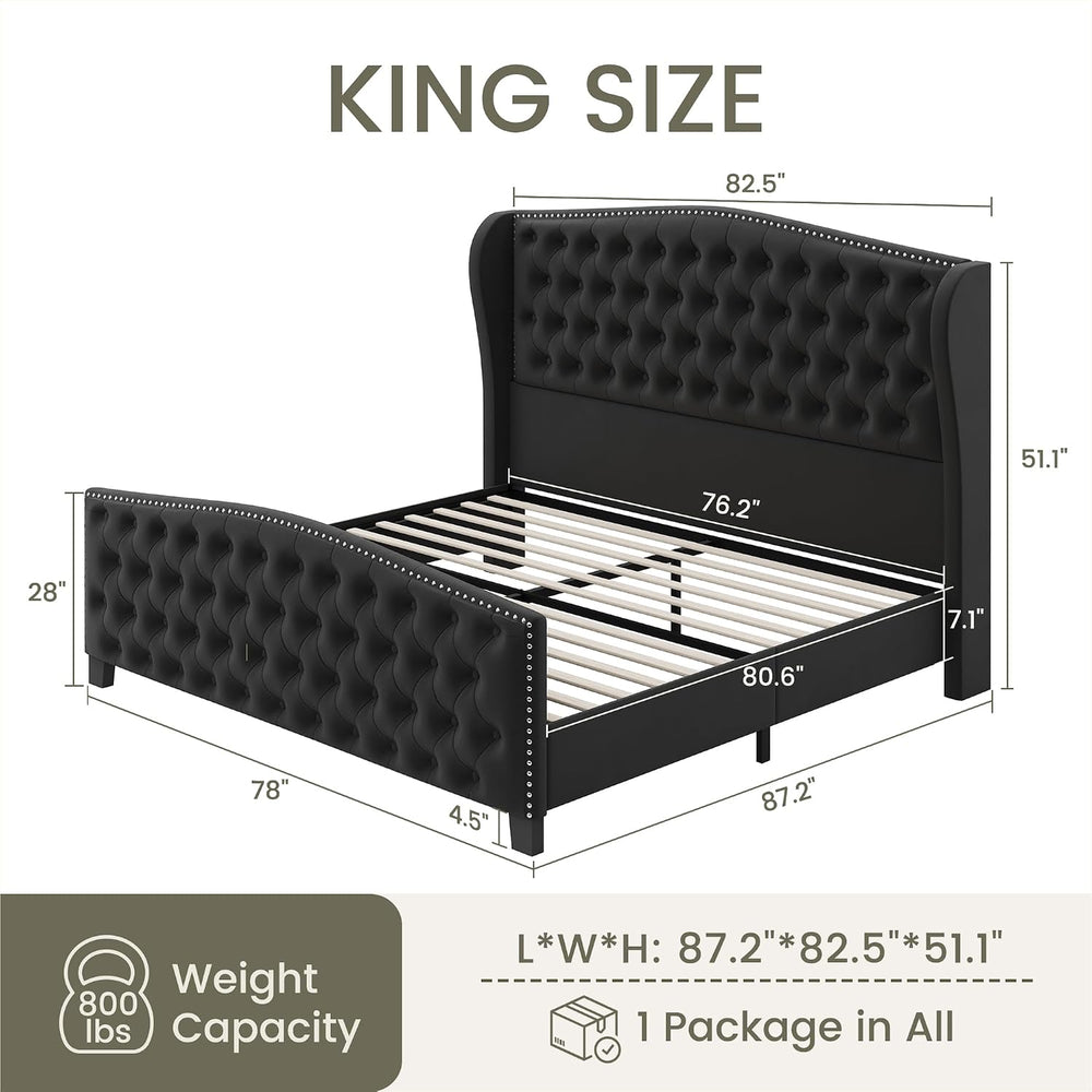 LARMACE King Size Bed Frame Velvet Upholstered Platform Bed with Wingback Hea...