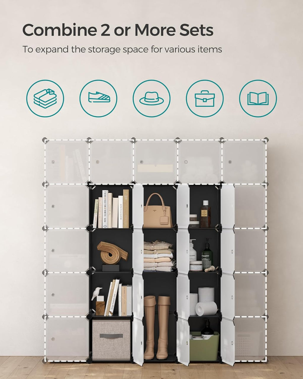 SONGMICS Cube Storage Organizer, Set of 16 Plastic Cubes, Closet Storage Shelves, DIY Plastic Closet Cabinet, Modular Bookcase, Shelving with Doors for Bedroom, Living Room, Black and White ULPC44HS