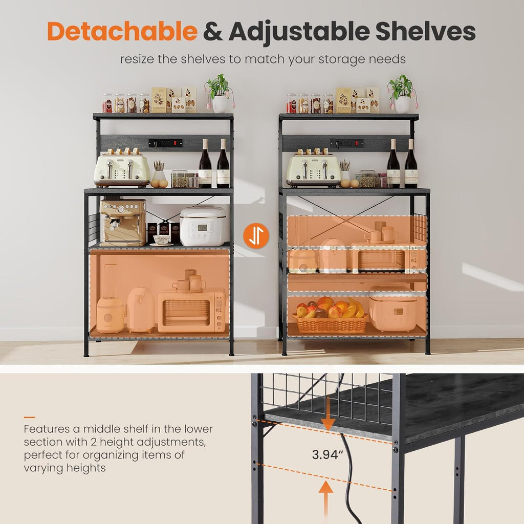 Sweetcrispy Kitchen Bakers Rack with Power Outlet, 24" Microwave Oven Stand with Adjustable Storage Shelf for Kitchen Organization, Coffee Bar Station, Small Apartment, Counter Space Saving, Grey