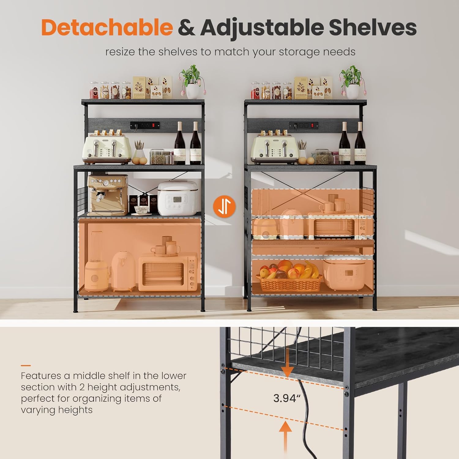 Sweetcrispy Kitchen Bakers Rack with Power Outlet, 24" Microwave Oven Stand with Adjustable Storage Shelf for Kitchen Organization, Coffee Bar Station, Small Apartment, Counter Space Saving, Grey