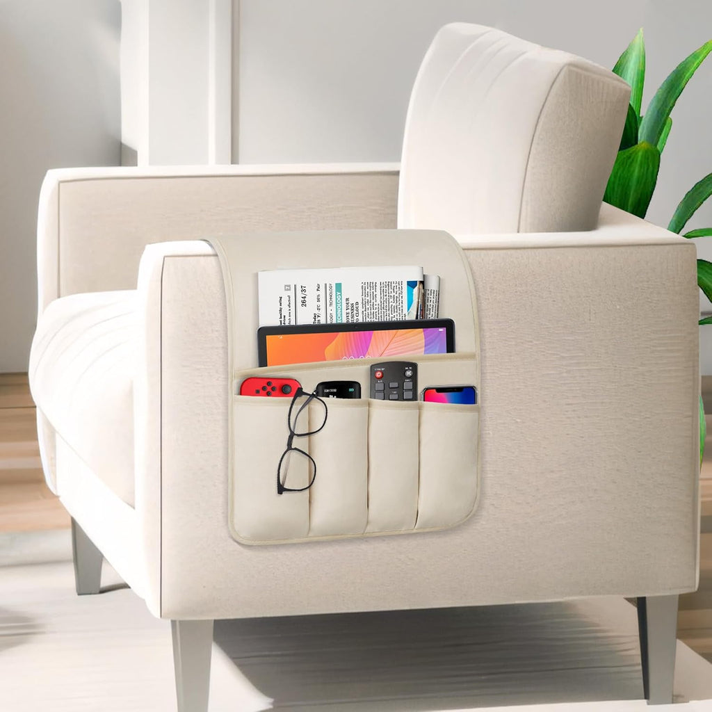 TV Remote Control Holder Couch Caddy, Non-slip Bedside Caddy Organizer with 5 Pockets for Key Glasses Phone Magazine Holders (Beige, 35"x12.4")