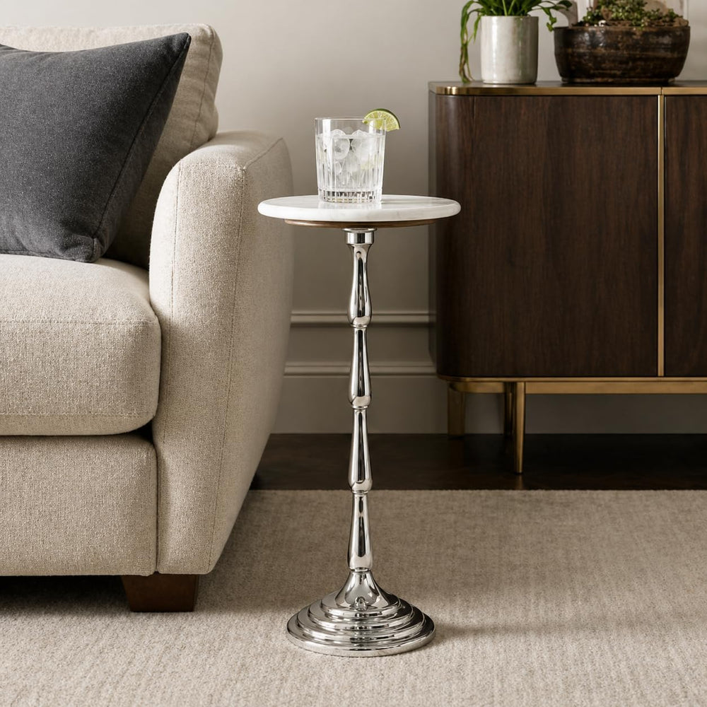 Silver Drink Table with White Marble Top | Decorative Modern End Table | Alum...