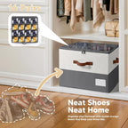 Shoe Organizer for Closet, Fits Up to 32 Pairs, Large Shoe Box Storage Container with Clear Cover, with Adjustable Dividers for Shoe Storage Bins,Space-Saving Shoe Bins,(2-Pack Beige and grey)