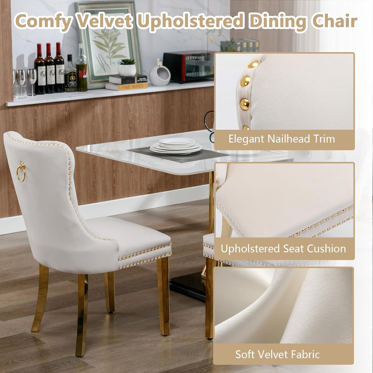 7 Piece Glass Dining Table Set Modern Glass Dining Table Set for 6, 61" Rectangular Gold Kitchen Table and 6 Velvet Upholstered Chairs, Gold Table & Beige Chair