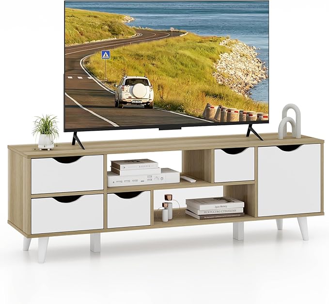 Giantex TV Stand for 55 Inches TVs, Mid Century Modern Entertainment Center w...