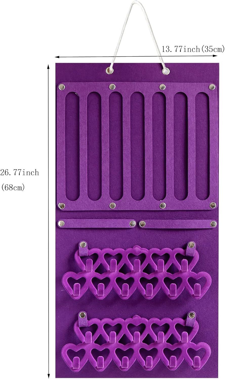 Storage Holder Display Board Felt Wall Hanging Jewelry Organizer with Detachable hooks Headband Holder for Girls Hair Clips Hair Ties Earrings Necklace Home Decor Purple