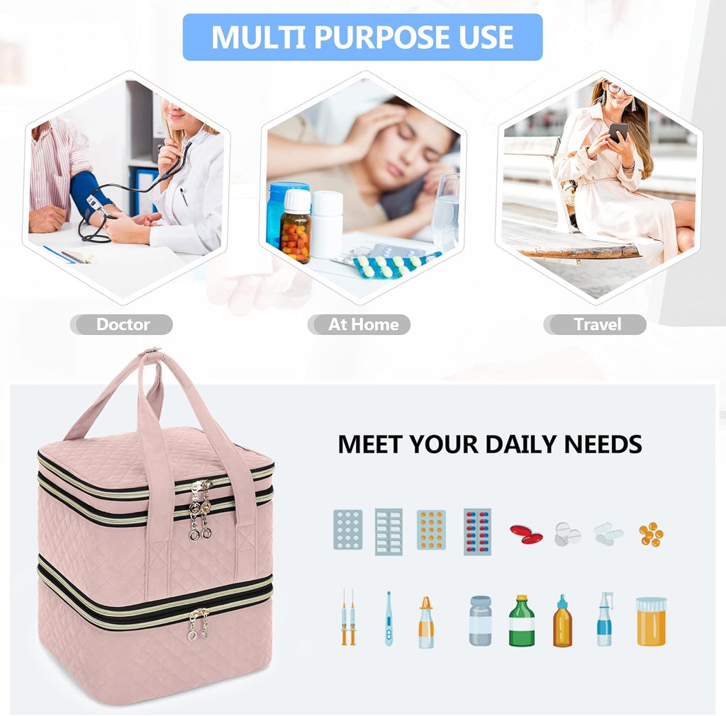Yarwo Pill Bottle Organizer Storage Bag, 3 Layers Medicine Travel Case Empty with Demountable Design and Dividers for Pills, Potions, Vitamins and Emergency First Aid Supplies, Dusty Rose (PATENTED)