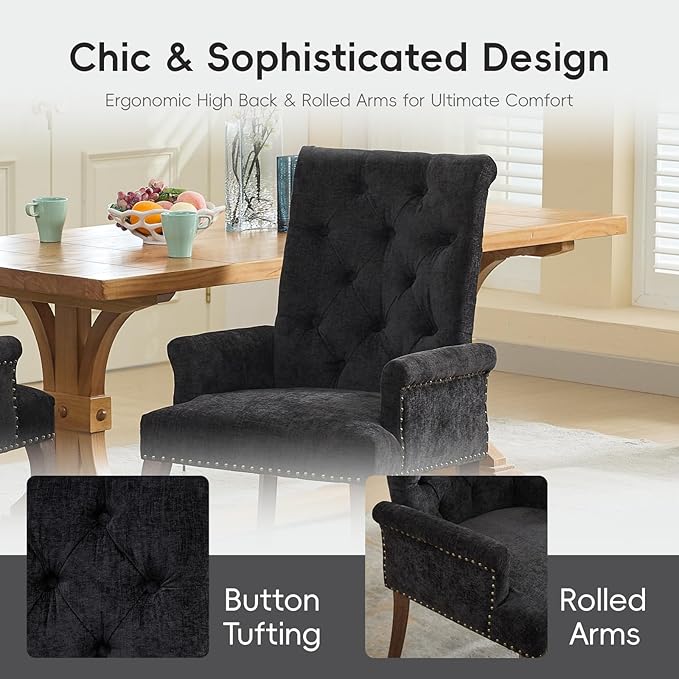 Upholstered Tufted Chenille Dining Chairs with Arms & Nailhead Trim – Solid Wood Frame & Legs, Modern Farmhouse for Dining, Kitchen & Living Room (Set of 2, Charcoal Gray)
