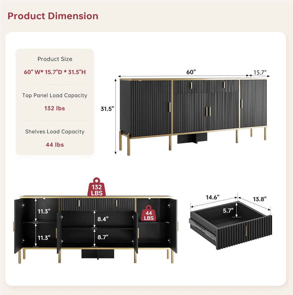 60" Fluted Buffet Cabinet with Storage, Modern Buffets & Sideboard w...