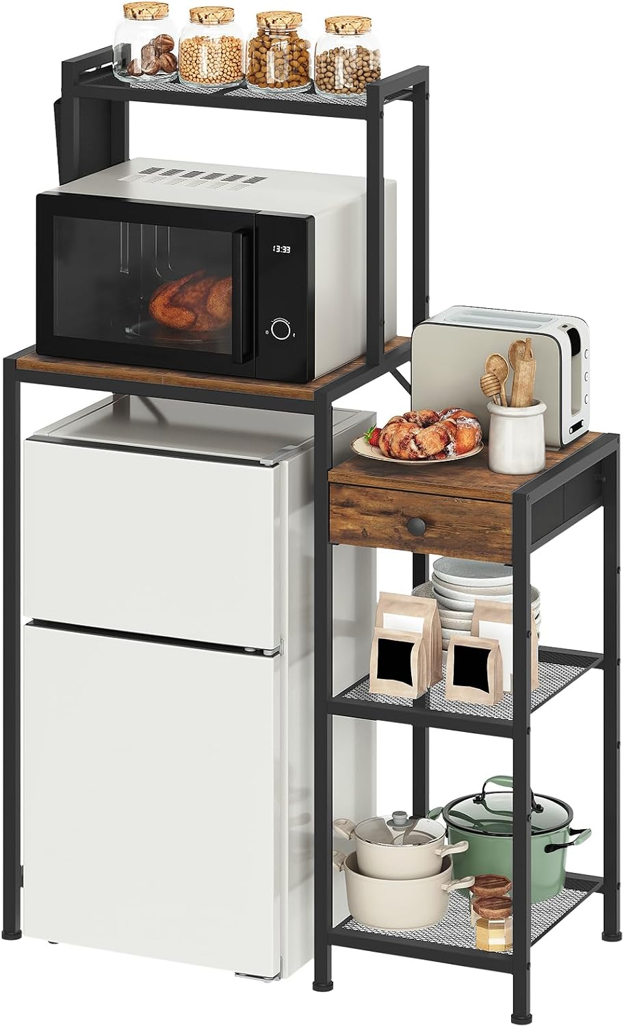 MAHANCRIS Mini Fridge Stand, Bakers Rack with Storage, 6-Tier Mini Fridge Cabinet, Coffee Bar Station with 1 Drawer, Microwave Stand for Kitchen, Dining Room, Rustic Brown and Black RSHR5401