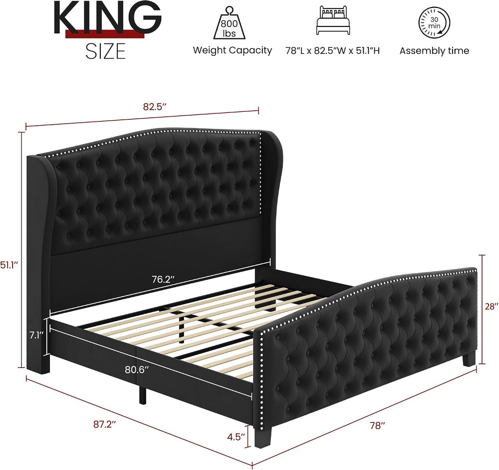 BRELTAM Upholstered King Size Bed Frame Velvet Black Tufted Platform Bed Fram...