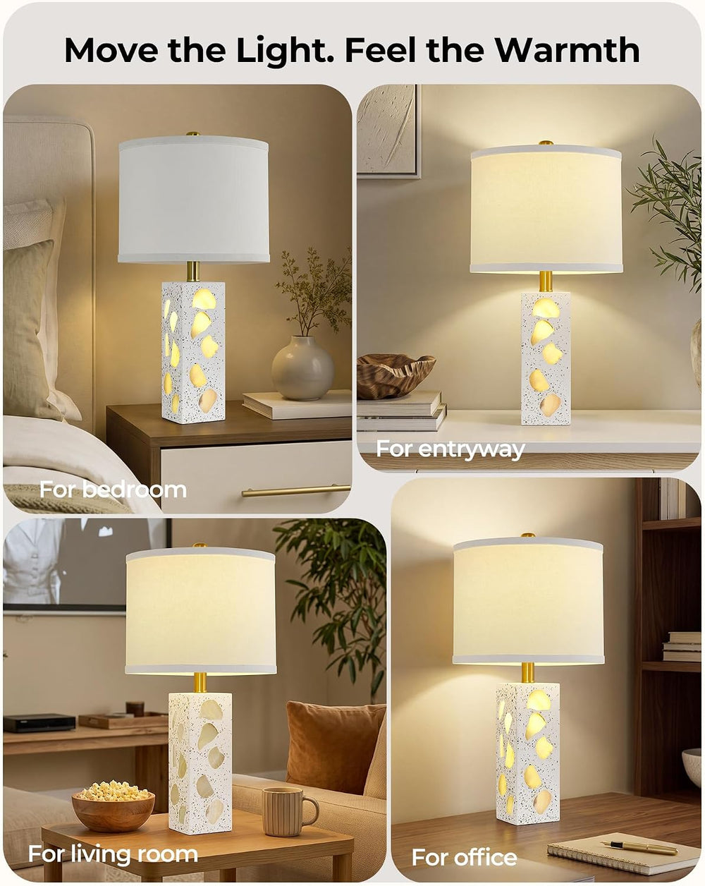 22" Table Lamps Set of 2, Translucent Stone-Inspired Lamps with Night Light
