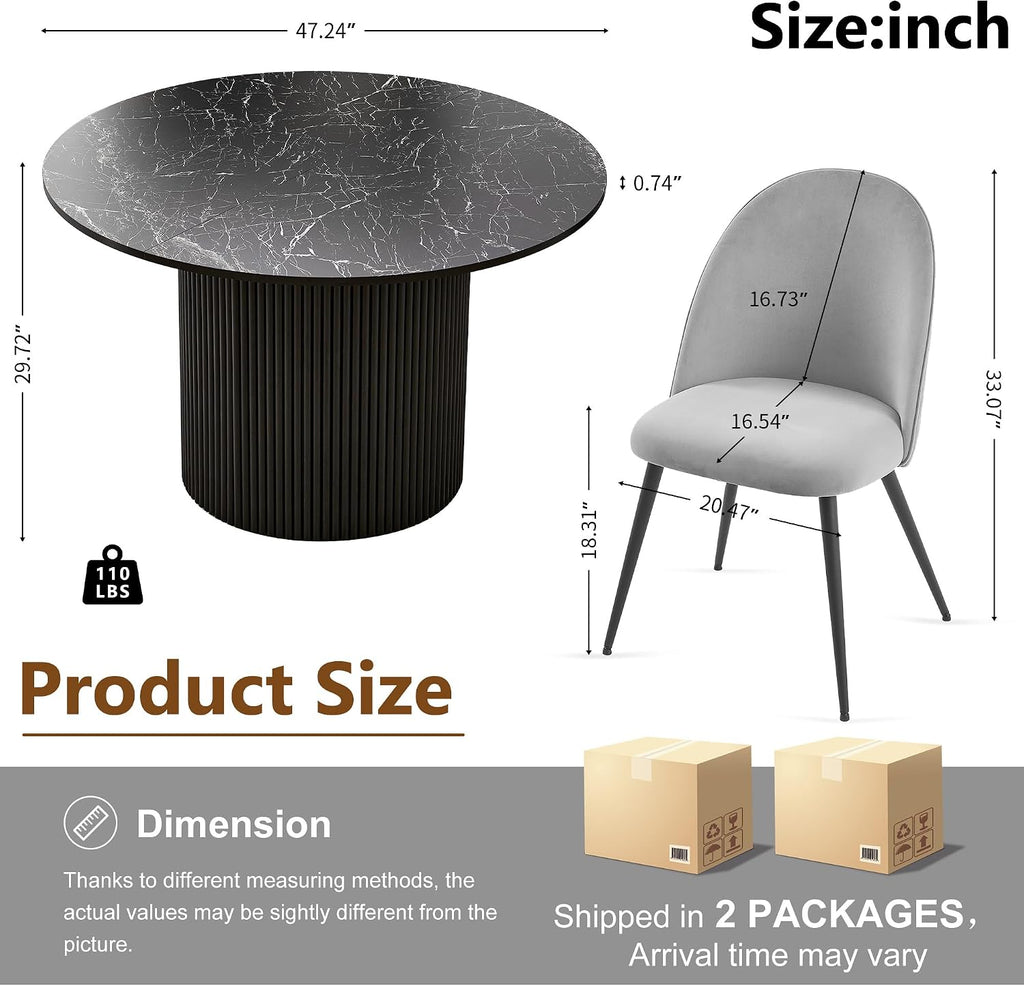 Homedot Kitchen&Dining Room Table Set for 4, Black Wooden Dining Table Round and Upholstered Kitchen Side Living Room Chairs Set, Rustic Dining Set with Grey Velvet Chairs for Apartment Dining Hall