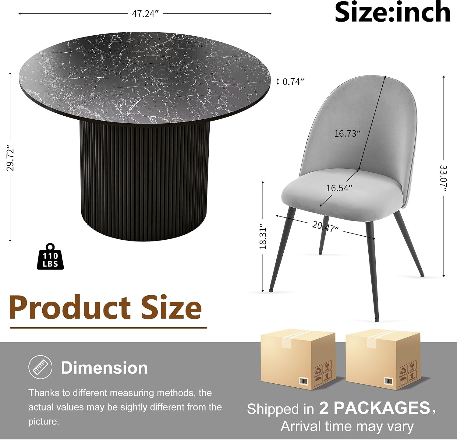 Homedot Kitchen&Dining Room Table Set for 4, Black Wooden Dining Table Round and Upholstered Kitchen Side Living Room Chairs Set, Rustic Dining Set with Grey Velvet Chairs for Apartment Dining Hall
