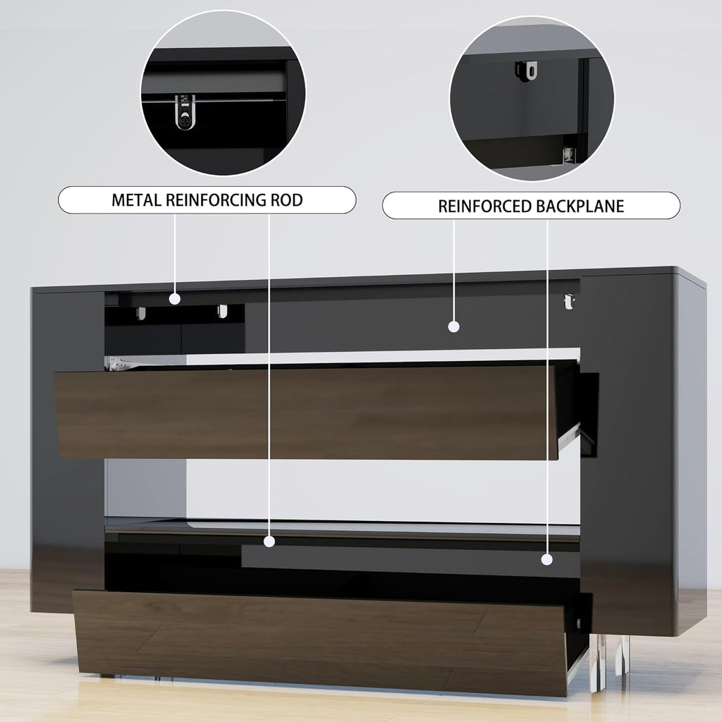 TV Stand TV Cabinet Up to 65 inch with Conceals Storage, High Gloss, Black | TV cabinet with 2 Push-Open doors and 2 drawers, entertainment center, storage cabinet, modern style, living room, office