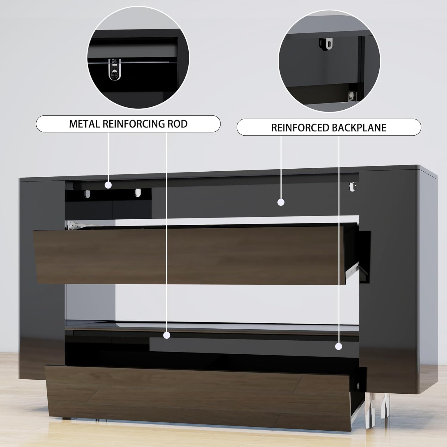 TV Stand TV Cabinet Up to 65 inch with Conceals Storage, High Gloss, Black | TV cabinet with 2 Push-Open doors and 2 drawers, entertainment center, storage cabinet, modern style, living room, office