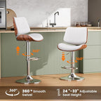 Swivel Bar Stools Set of 3, Adjustable Bentwood Barstools for Kitchen Counter, Modern PU Leather Upholstered Bar Chair with Back and Footrest, for Kitchen Island, Bar, Dining Room, White